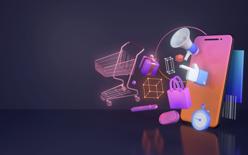 3d rendering of shopping cart and smartphone. 3d rendering of shopping cart and smartphone.
